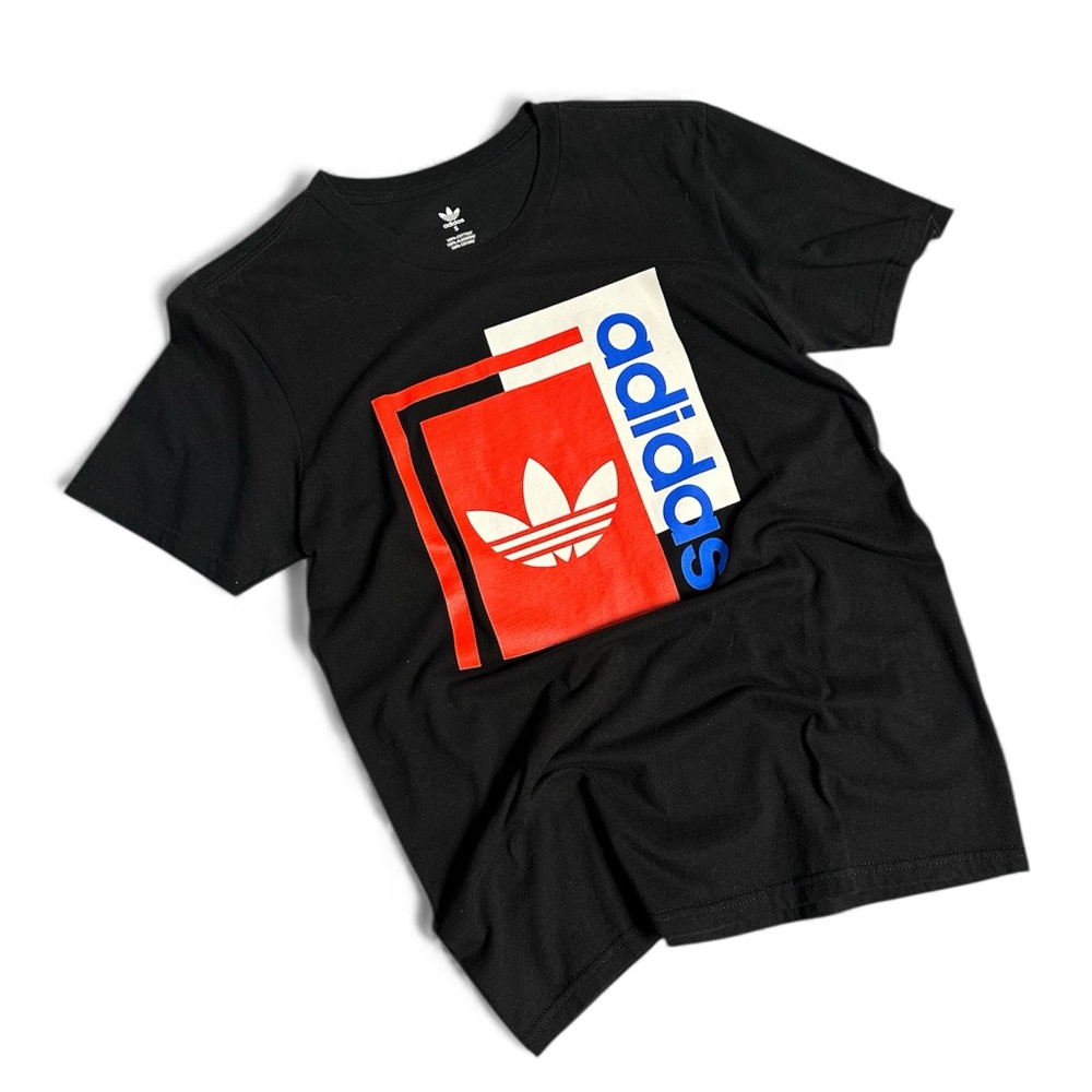 Adidas Men's Black Tee with Red and Blue Graphic